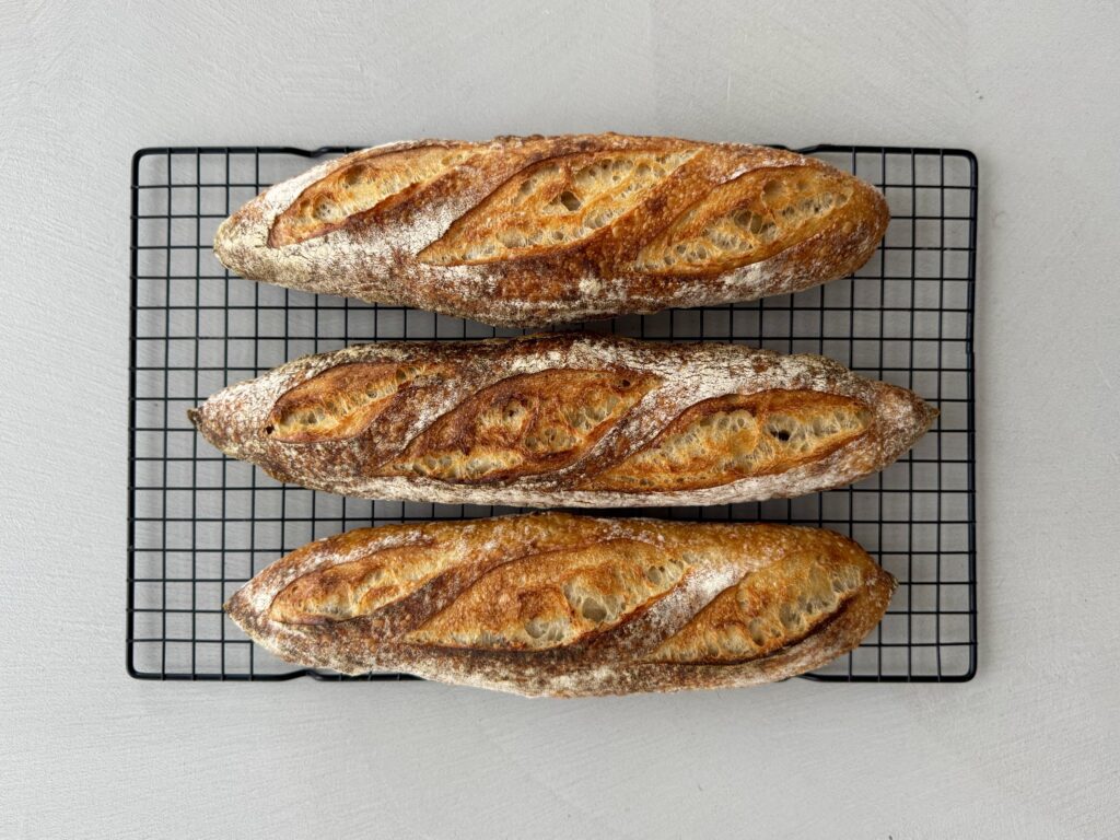 Deze desem baguettes hebben een knapperige korst, luchtige binnenkant en diepe smaak dankzij lange fermentatie. Je gebruikt T65 bloem en een actieve desemstarter, met een bulkrijs gevolgd door koude fermentatie. Het vormen en insnijden vereist precisie, maar levert prachtige stokbroden op. Perfect vers, maar ook uitstekend in te vriezen en opnieuw op te warmen.